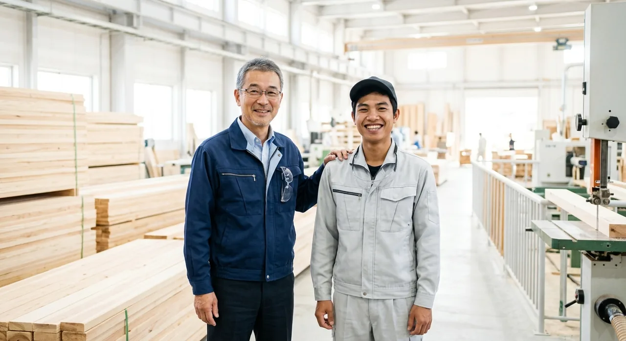 製材所の工場長と若手スタッフのツーショット（お客様の声01・製材所）の写真